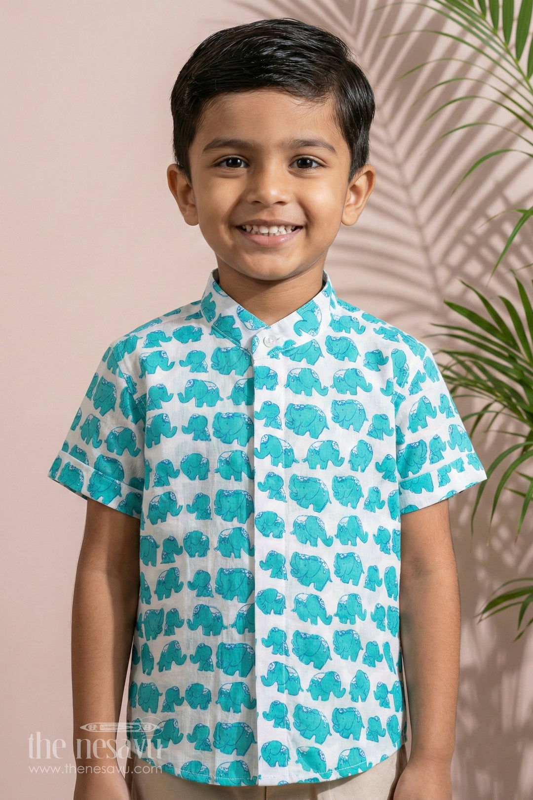 The Nesavu Boys Cotton Shirt Boys Cotton Shirt Half Sleeve in Cotton Block Print with Fun Elephant Pattern Nesavu 16 (1Y) / Turquoise BS247B-16 Boys Cotton Shirt Half Sleeve Cotton Block Print Green Elephant Print | The Nesavu