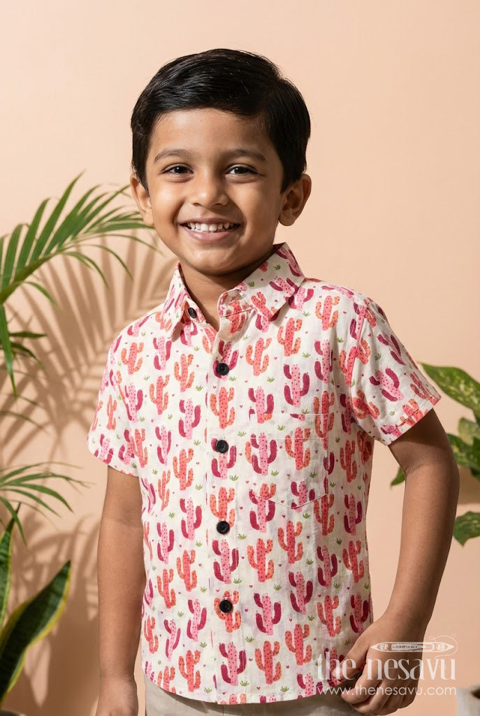 The Nesavu Boys Cotton Shirt Boys Cotton Shirt with Cactus Print for Playful Casual Wear Nesavu 20 (3Y) / Pink BS386A-20 Nesavu boys cotton shirt with cactus digital print – breathable casual outfit for playful days