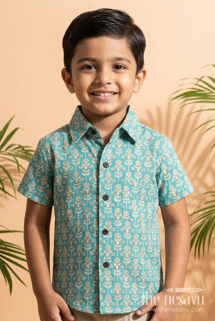 The Nesavu Boys Cotton Shirt Boys Cotton Shirt with Floral Print for Festive and Casual Wear Nesavu 20 (3Y) / Green BS383A-20 Nesavu boys cotton shirt with floral digital print – festive-ready casual ethnic outfit