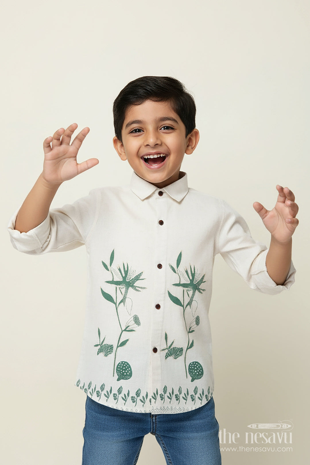 The Nesavu Boys Cotton Shirt Boys Cotton Shirt with Green Floral Placement Embroidery Casual Ethnic Wear Nesavu 26 (6Y) / Green BS357A-26 Boys floral embroidered cotton shirt ethnic casual shirt breathable cotton blend