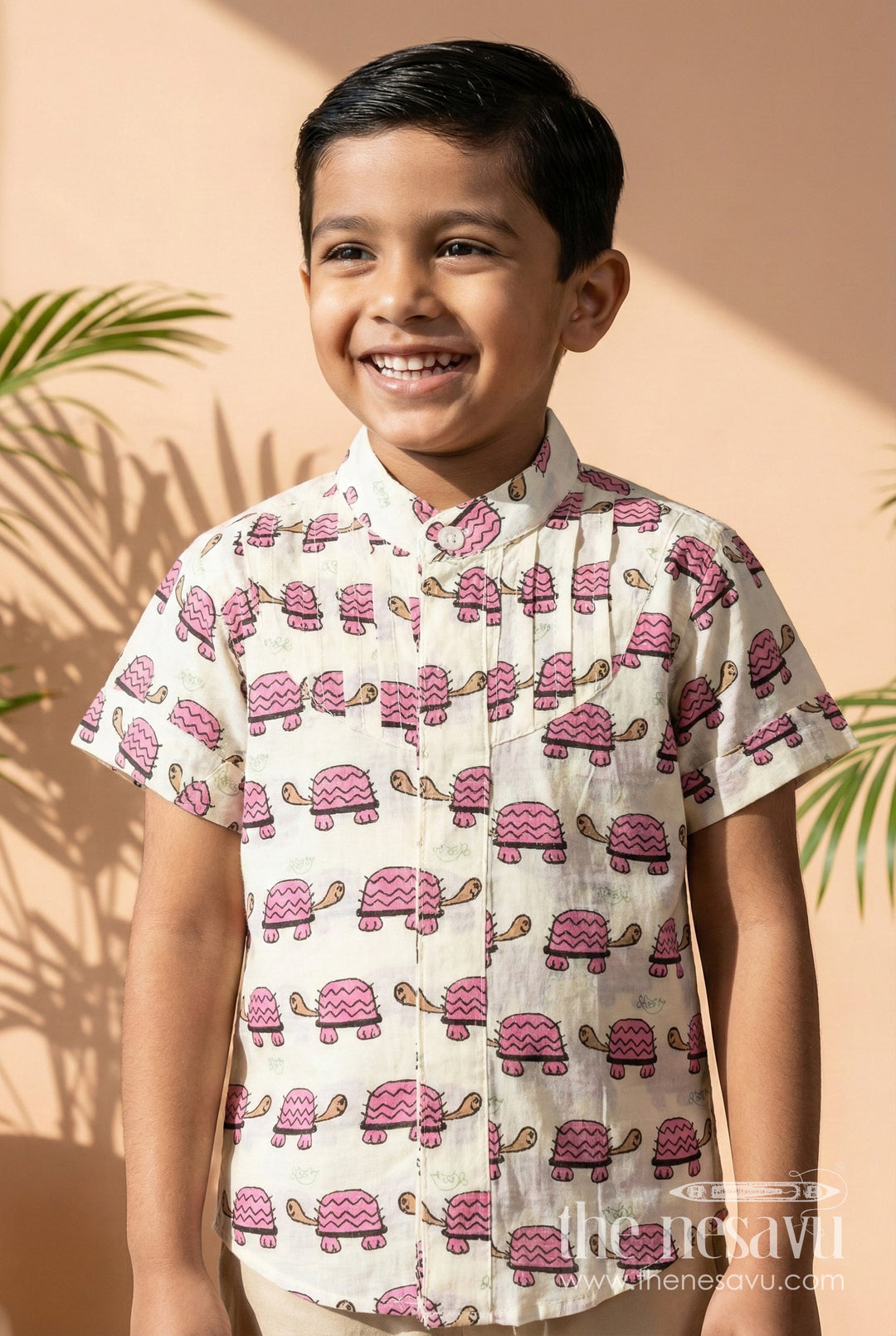 The Nesavu Boys Cotton Shirt Boys Cotton Shirt with Maroon Turtle Print for Quirky Ethnic Style Nesavu 16 (1Y) / Pink BS256B-16 Nesavu Boys Cotton Shirt Maroon Turtle Print Ethnic Casual Wear Kids