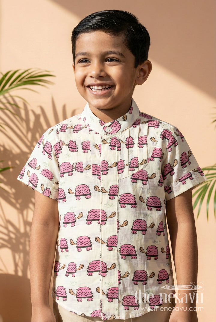 The Nesavu Boys Cotton Shirt Boys Cotton Shirt with Maroon Turtle Print for Quirky Ethnic Style Nesavu 16 (1Y) / Pink BS256B-16 Nesavu Boys Cotton Shirt Maroon Turtle Print Ethnic Casual Wear Kids
