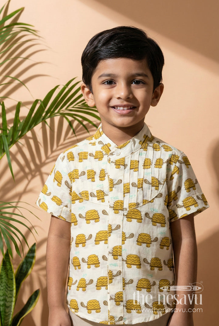 The Nesavu Boys Cotton Shirt Boys Cotton Shirt with Mustard Turtle Print for Ethnic Gatherings Nesavu 16 (1Y) / Yellow BS256A-16 Nesavu Boys Cotton Shirt Mustard Turtle Print Fun Ethnic Wear Kids