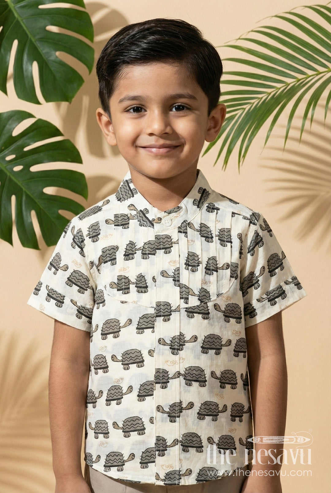 The Nesavu Boys Cotton Shirt Boys Cotton Shirt with Navy Turtle Print for Festive and Casual Outings Nesavu 16 (1Y) / Black BS256D-16 Nesavu Boys Cotton Shirt Navy Turtle Print Ethnic Casual Shirt Kids