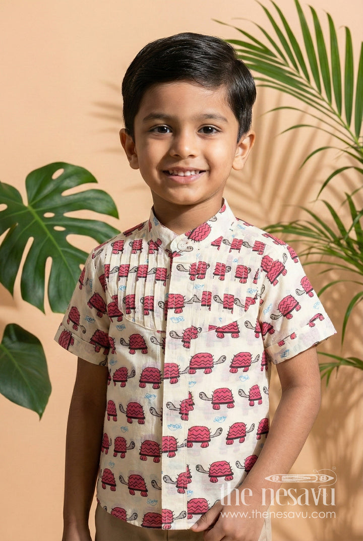 The Nesavu Boys Cotton Shirt Boys Cotton Shirt with Pink Turtle Print Playful Ethnic Style Nesavu 16 (1Y) / Red BS256C-16 Nesavu Boys Cotton Shirt Pink Turtle Print Casual Festive Wear Toddlers
