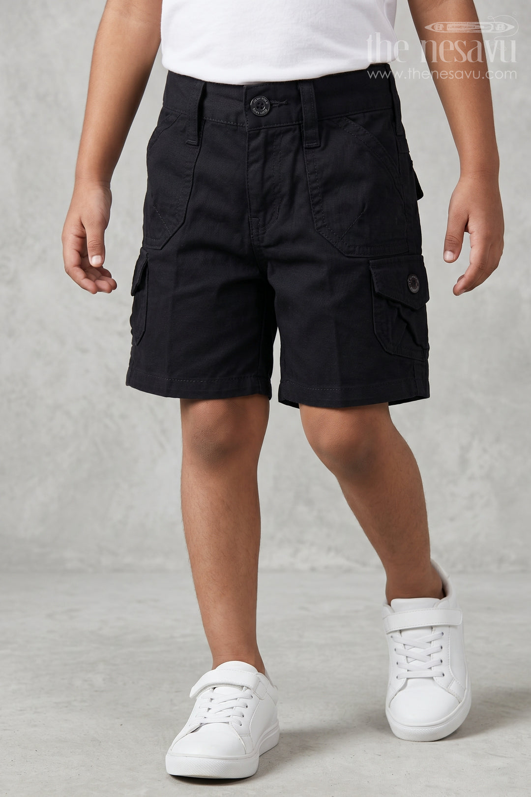 The Nesavu Boys Shorts Boys Cotton Shorts for Rough Play and School Routines Nesavu 16 (1Y) / Black / Cotton BWS009G-16 Nesavu boys cargo cotton shorts with badge detail – ideal for school and outdoor fun