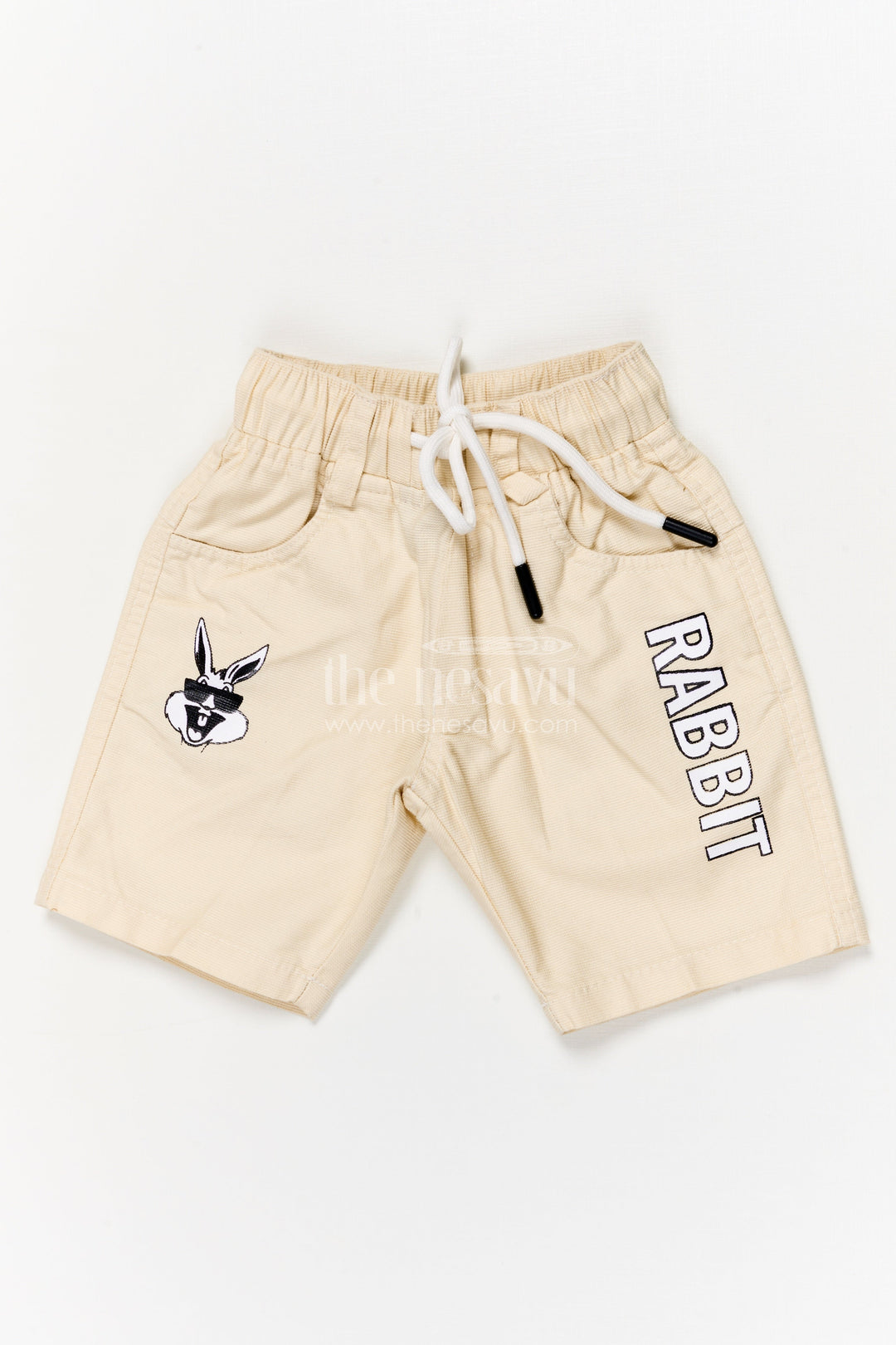 The Nesavu Boys Shorts Boys Cotton Shorts with Drawstring Waist and Cartoon Motif Nesavu 14 (6M) / Cream / Cotton BWS066G-14 Boys casual cotton shorts with cartoon graphic and flexible drawstring waistband
