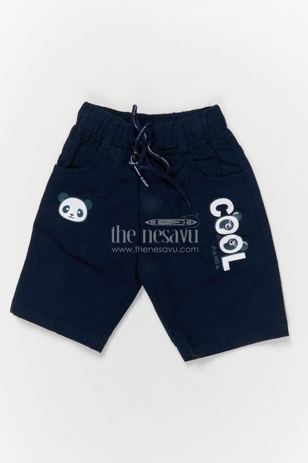 The Nesavu Boys Shorts Boys Cotton Shorts with Panda Print and Playful Cool Text Nesavu 14 (6M) / Blue / Cotton BWS070A-14 Boys cotton shorts with panda print and COOL graphic