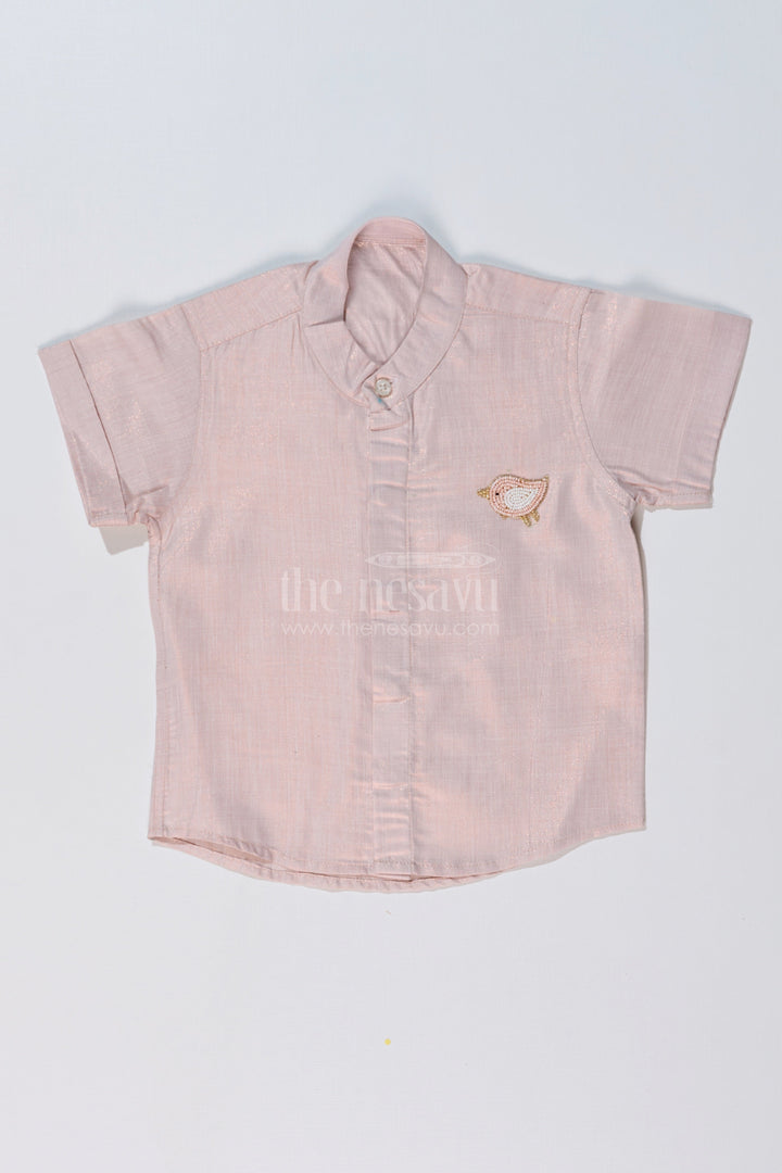 The Nesavu Boys Silk Shirt Boys Cotton Silk Shirt in Lavender with Subtle Texture and Embellished Bird Motif Nesavu 16 (1Y) / Cream BS222B-16 Nesavu Boys Cotton Silk Shirt Lavender Subtle Texture Embellished Bird Motif