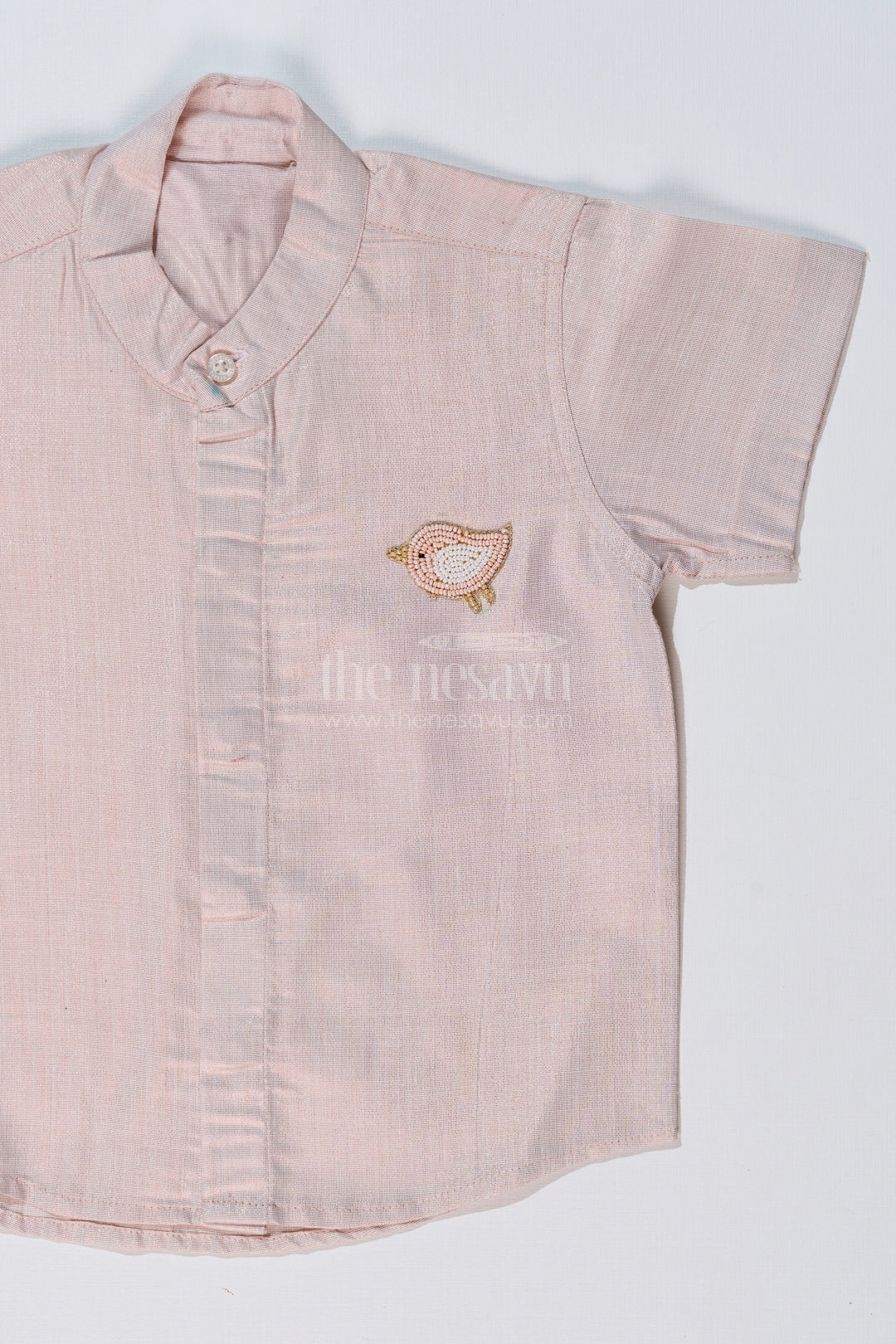 The Nesavu Boys Silk Shirt Boys Cotton Silk Shirt in Lavender with Subtle Texture and Embellished Bird Motif Nesavu Nesavu Boys Cotton Silk Shirt Lavender Subtle Texture Embellished Bird Motif