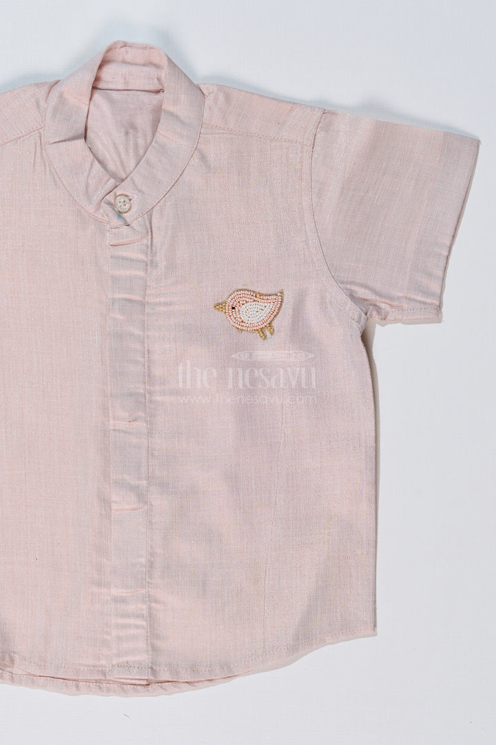 The Nesavu Boys Silk Shirt Boys Cotton Silk Shirt in Lavender with Subtle Texture and Embellished Bird Motif Nesavu Nesavu Boys Cotton Silk Shirt Lavender Subtle Texture Embellished Bird Motif