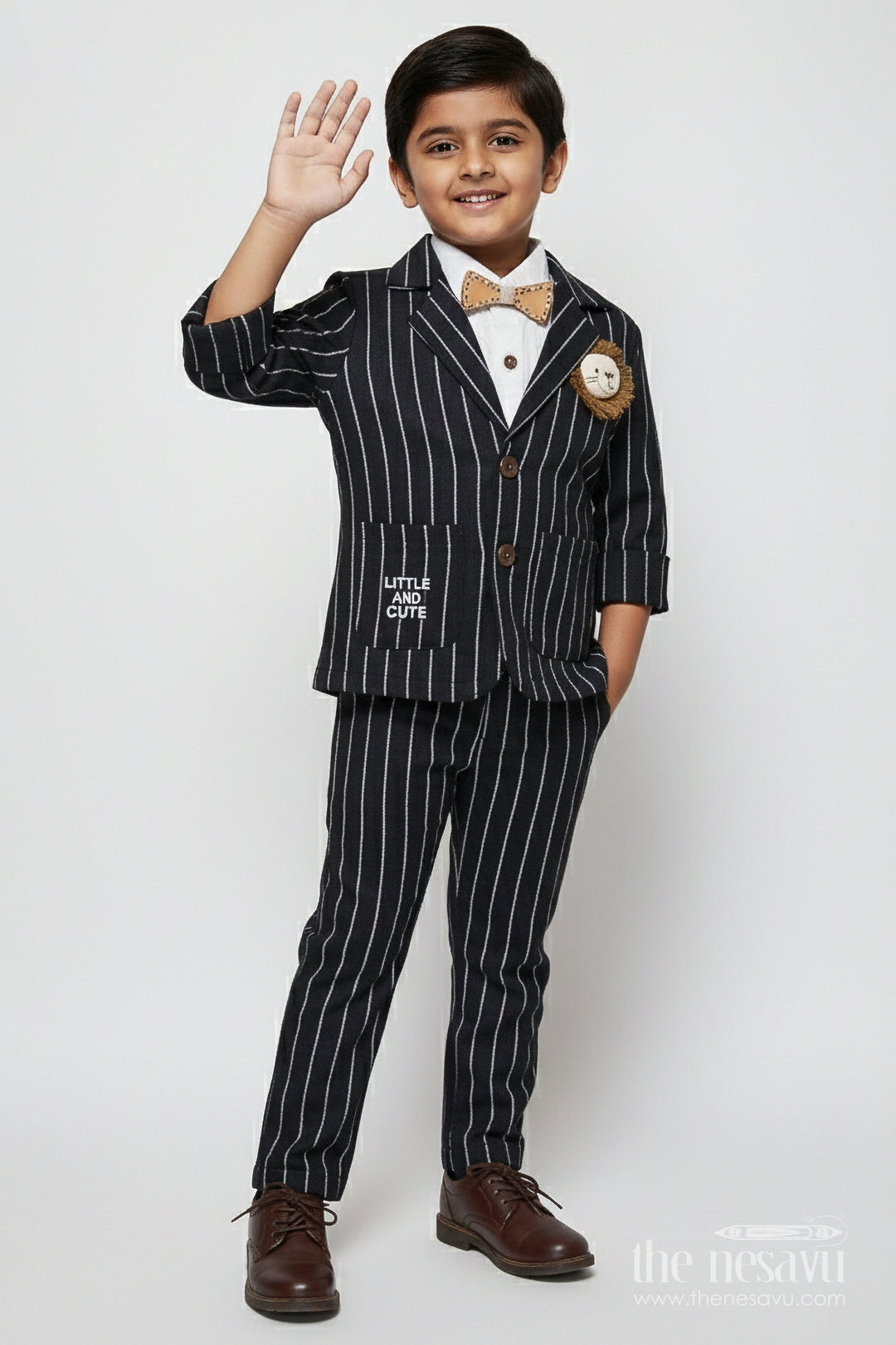 The Nesavu Boys Blazer Set Boys Cotton Stripe Blazer Outfit with Playful Embroidery and Bow Tie Nesavu 16 (1Y) / Black BCS488B-16 Nesavu boys striped cotton blazer set bow tie badge  party wear suit