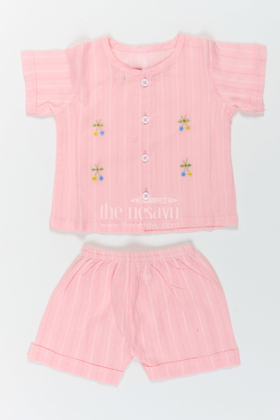 The Nesavu Baby Casual Sets Boys Cotton Suit Set in Soft Pink with Thread Embroidery and Front Button Shirt for Everyday Comfort Nesavu 10 (NB) / Peach BCS241A-10 Nesavu Boys Cotton Suit Set Pink Thread Embroidery Matching Shorts Comfortable Wear