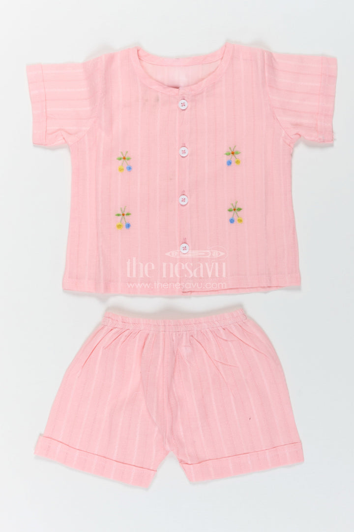 The Nesavu Baby Casual Sets Boys Cotton Suit Set in Soft Pink with Thread Embroidery and Front Button Shirt for Everyday Comfort Nesavu 10 (NB) / Peach BCS241A-10 Nesavu Boys Cotton Suit Set Pink Thread Embroidery Matching Shorts Comfortable Wear