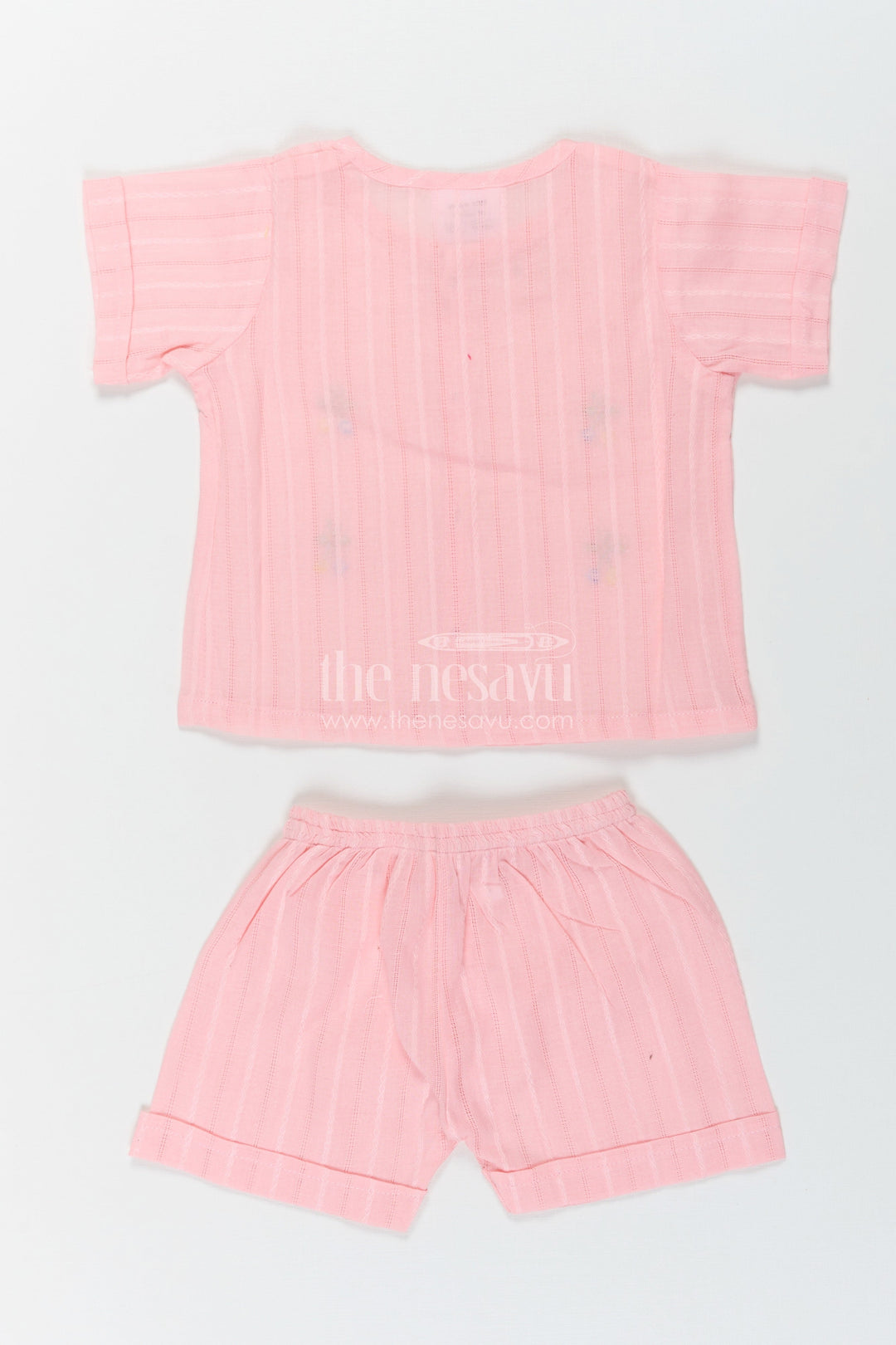 The Nesavu Baby Casual Sets Boys Cotton Suit Set in Soft Pink with Thread Embroidery and Front Button Shirt for Everyday Comfort Nesavu Nesavu Boys Cotton Suit Set Pink Thread Embroidery Matching Shorts Comfortable Wear