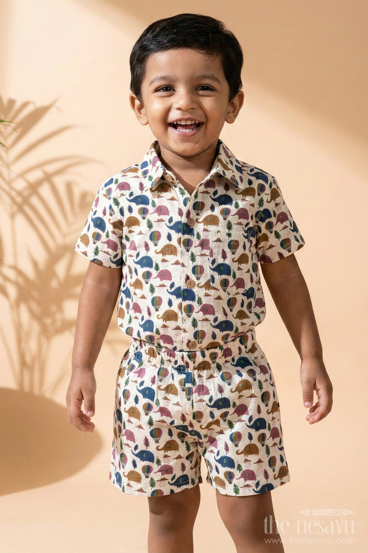 The Nesavu Boys Casual Set Boys Cotton Summer Dresses Casual Set with Earth-Tone Elephant and Balloon Print Nesavu 16 (1Y) / Multicolor BCS271A-16 Nesavu Boys Cotton Summer Dresses Casual Set Elephant Balloon Print Matching Shorts