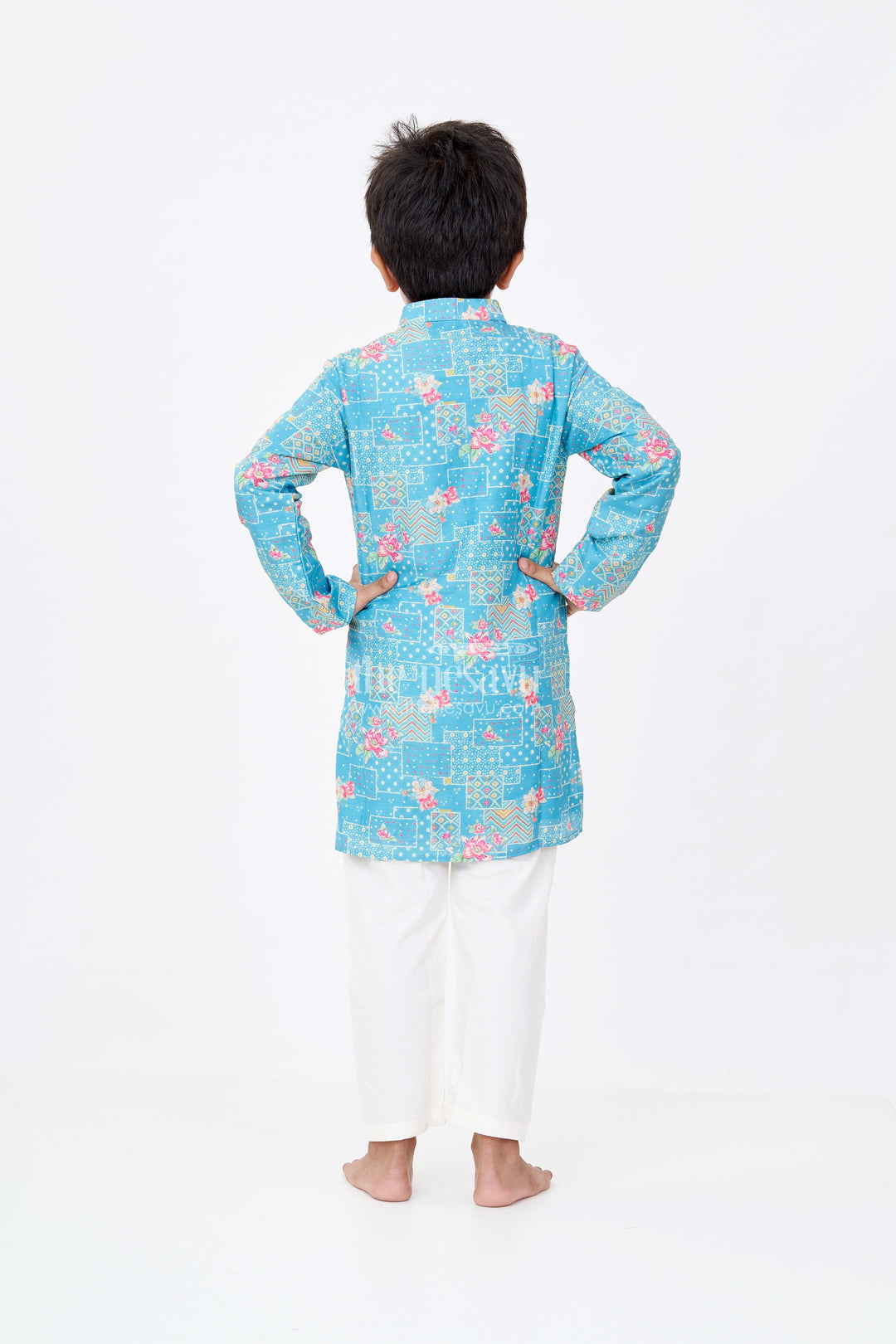 The Nesavu Boys Kurtha Set Boys Cotton Tissue Printed Shirt Kurta Set in Aqua Teal with Geometric and Floral Digital Print Nesavu Nesavu Boys Printed Shirt Kurta Set Cotton Tissue Aqua Teal Base Digital Floral Accents