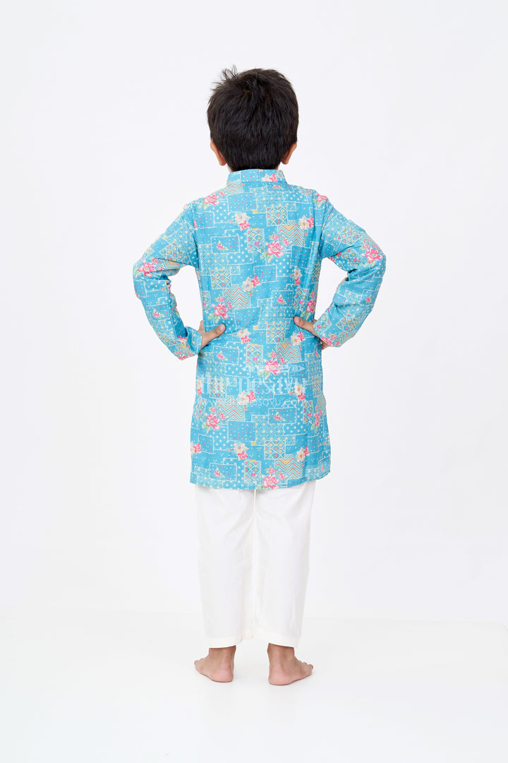 The Nesavu Boys Kurtha Set Boys Cotton Tissue Printed Shirt Kurta Set in Aqua Teal with Geometric and Floral Digital Print Nesavu Nesavu Boys Printed Shirt Kurta Set Cotton Tissue Aqua Teal Base Digital Floral Accents