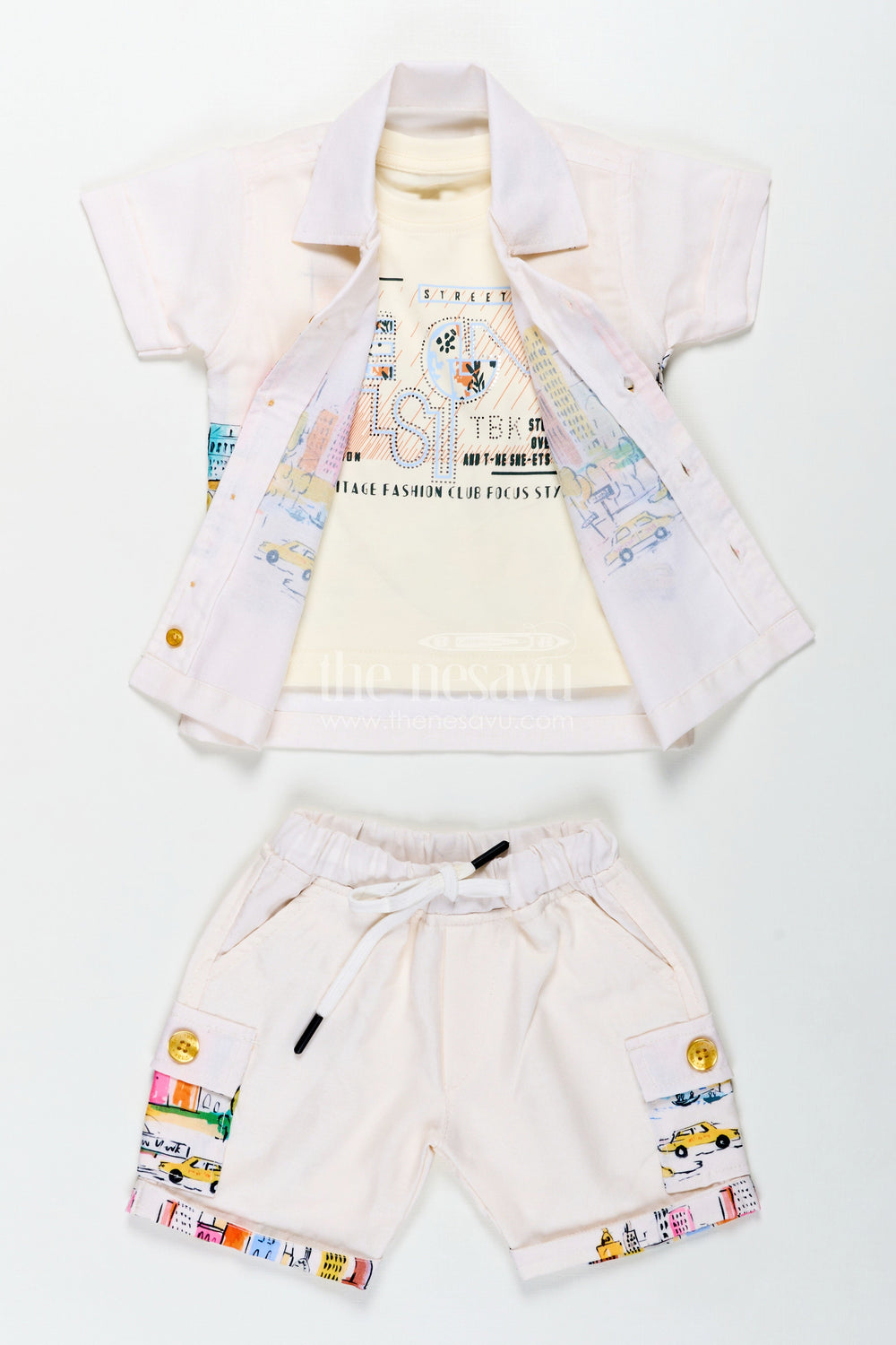 The Nesavu Boys Casual Set Boys Cotton Vintage Print Shirts Set with Matching Shorts for Stylish Everyday Dressing Nesavu Nesavu Boys Cotton Vintage Printed Shirt Shorts Set Coordinated Style Everyday Outfits
