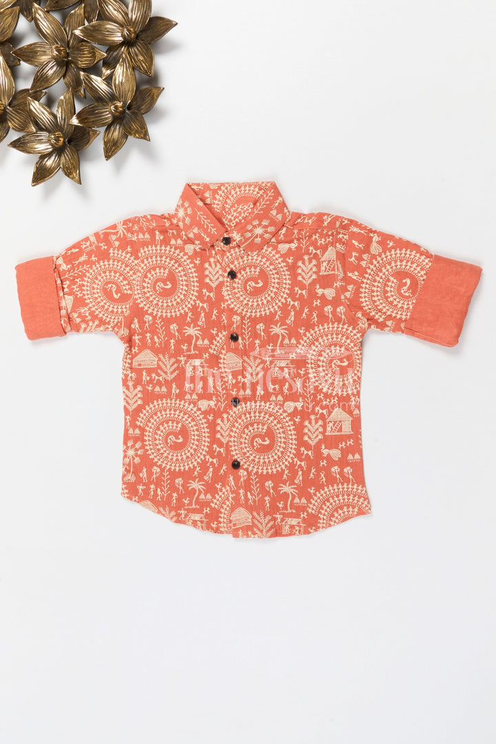 The Nesavu Boys Cotton Shirt Boys Cotton Warli Print Shirt for Festive Outings and Casual Celebrations Nesavu 20 (3Y) / Peach / Cotton BS418A-20 Nesavu boys cotton warli print shirt for festive outings cultural events and kids casual wear