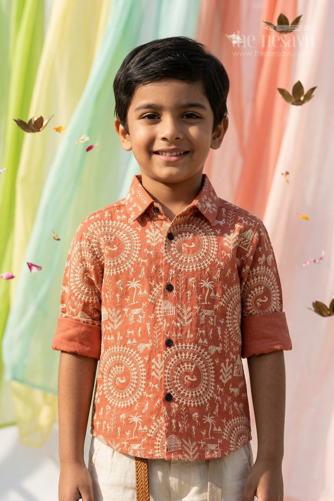 The Nesavu Boys Cotton Shirt Boys Cotton Warli Print Shirt for Festive Outings and Casual Celebrations Nesavu 20 (3Y) / Peach / Cotton BS418A-20 Nesavu boys cotton warli print shirt for festive outings cultural events and kids casual wear