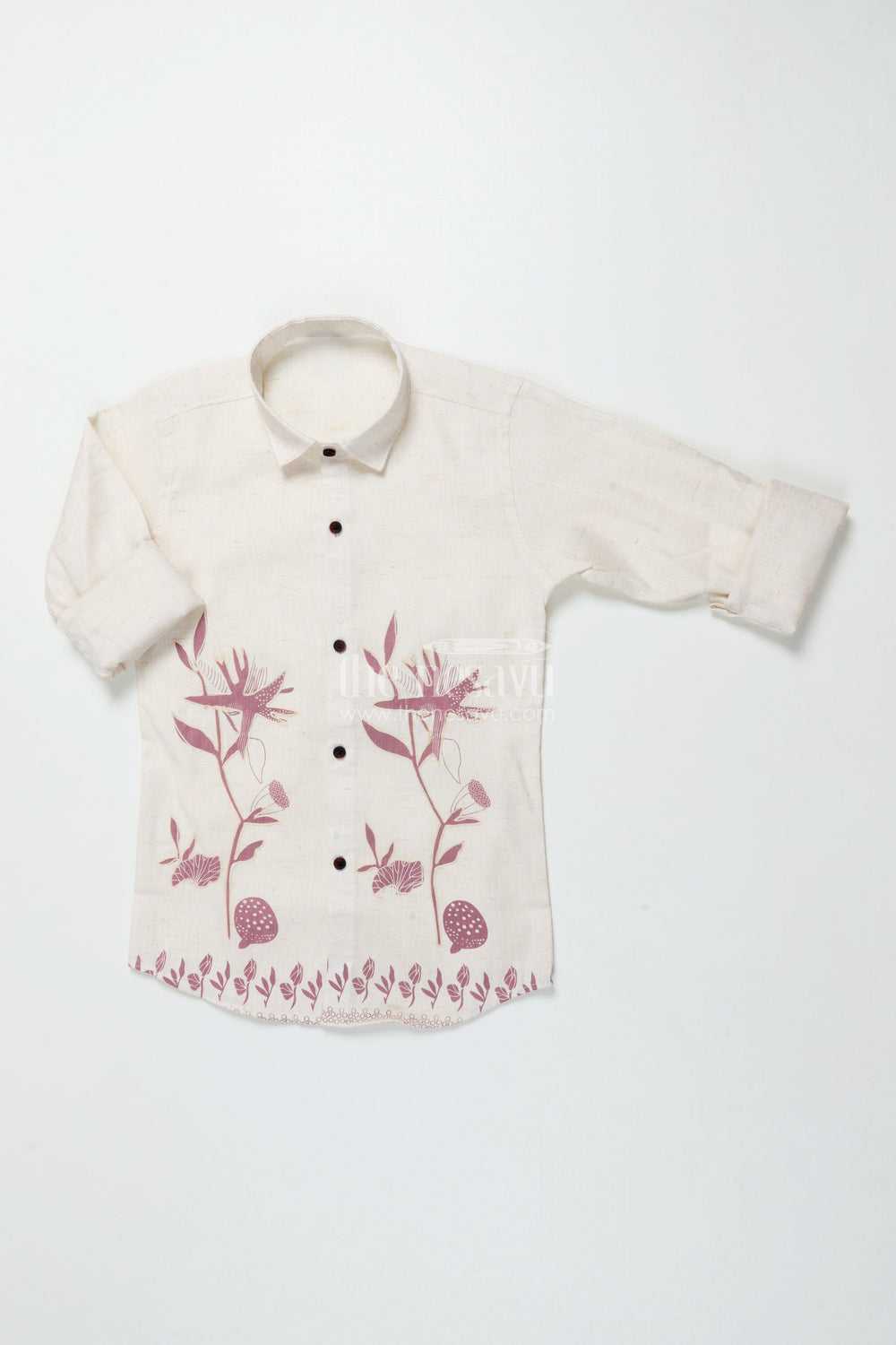 The Nesavu Boys Cotton Shirt Boys Cream and Brown Floral Embroidered Shirt Festive Ethnic Cotton Blend Nesavu 26 (6Y) / Brown BS357B-26 Boys embroidered cream shirt brown floral border cotton blend ethnic occasions