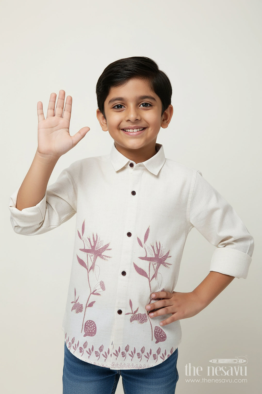 The Nesavu Boys Cotton Shirt Boys Cream and Brown Floral Embroidered Shirt Festive Ethnic Cotton Blend Nesavu 26 (6Y) / Brown BS357B-26 Boys embroidered cream shirt brown floral border cotton blend ethnic occasions