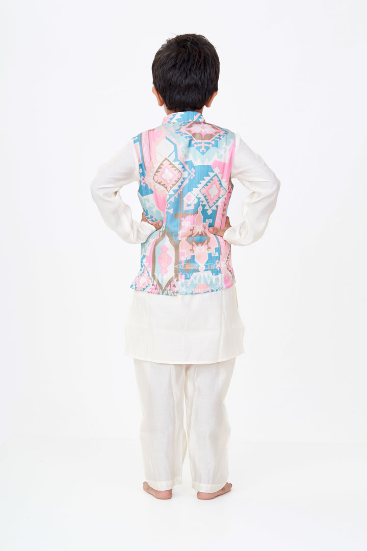 The Nesavu Boys Kurtha Set Boys Cream Color Kurta Set with Digital Print Jacket in Multicolor Geometric Motifs Nesavu Boys Cream Color Kurta Multicolor Digital Print Jacket Silk Blend Fabric | The Nesavu
