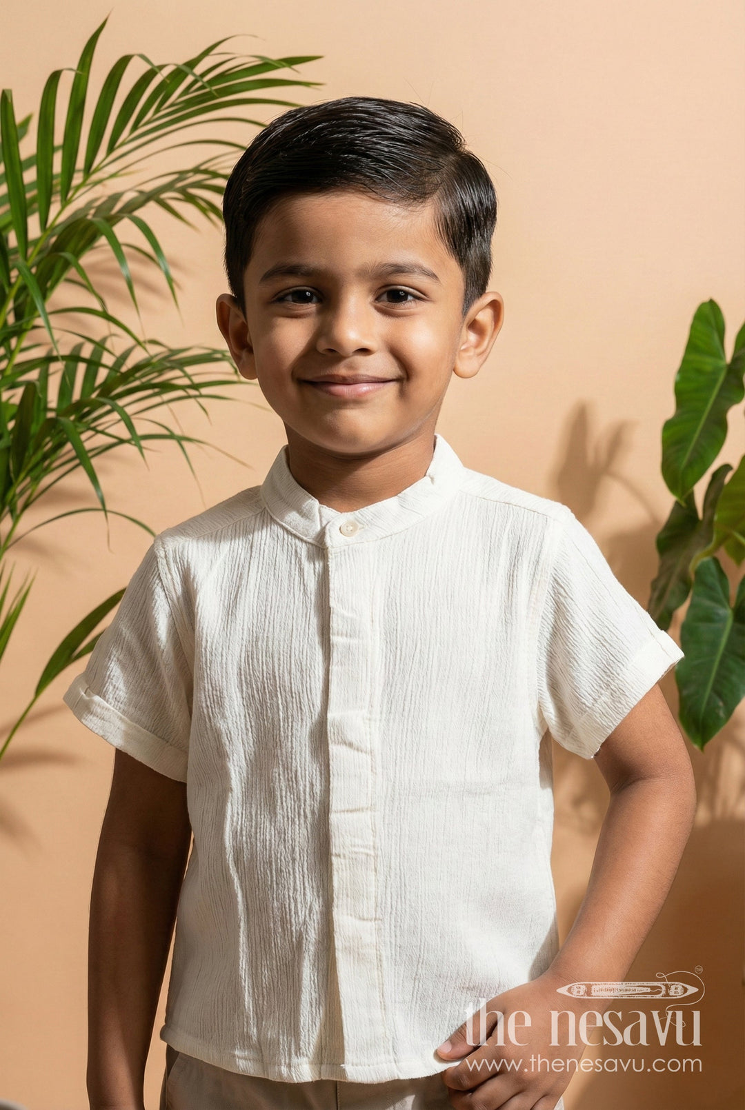 The Nesavu Boys Cotton Shirt Boys Cream Georgette Kurta Shirt Soft Ethnic Wear for Functions Nesavu 16 (1Y) / White BS302A-16 Nesavu Boys Cream Georgette Kurta Shirt Soft Ethnic Wear Functions