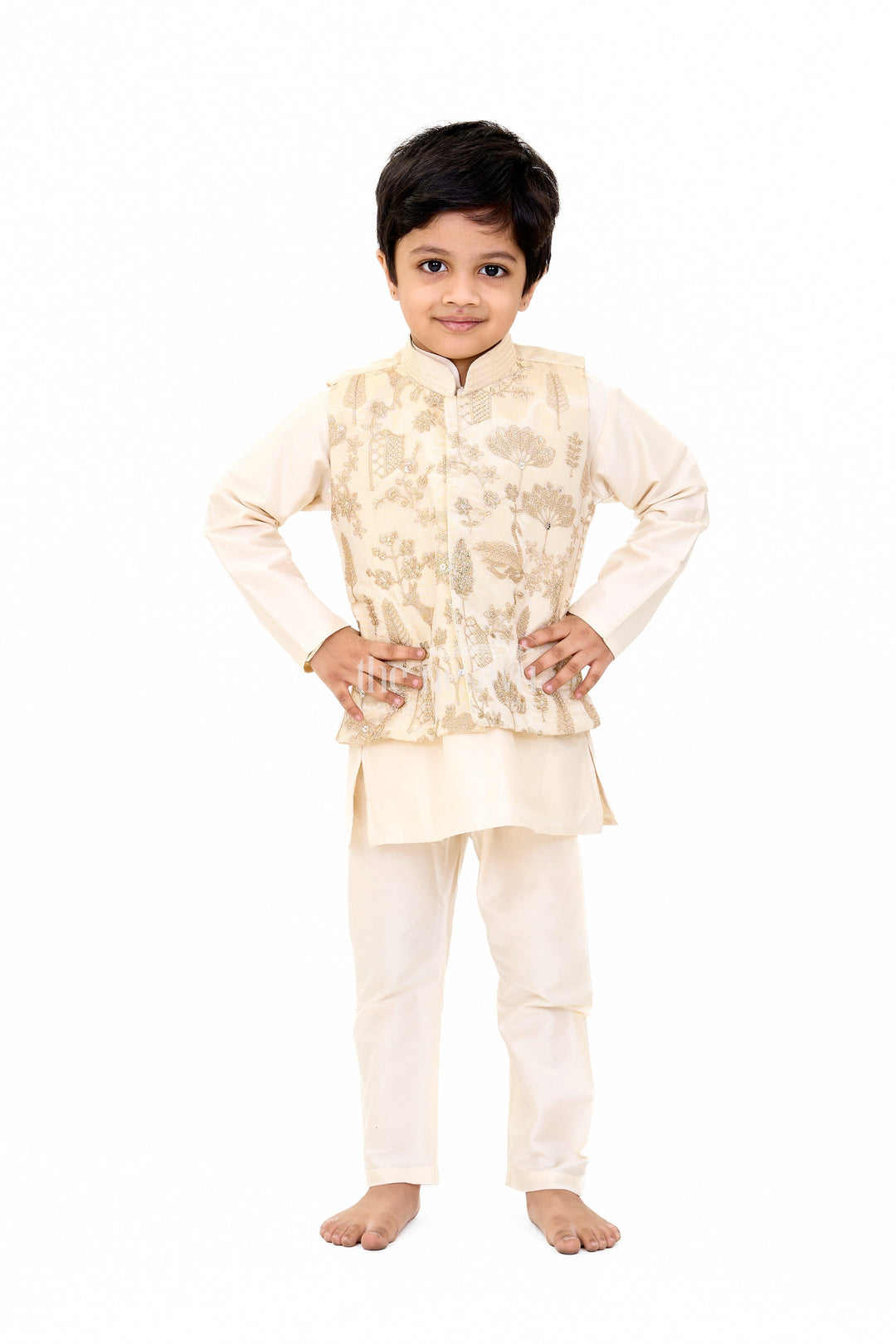 The Nesavu Boys Dothi Set Boys Cream Kurta Set with Embroidered Jacket and Straight Pants for Festive Wear Nesavu 16 (1Y) / Cream BES624A-16 Nesavu Boys Cream Kurta Set Embroidered Jacket Matching Pants Weddings