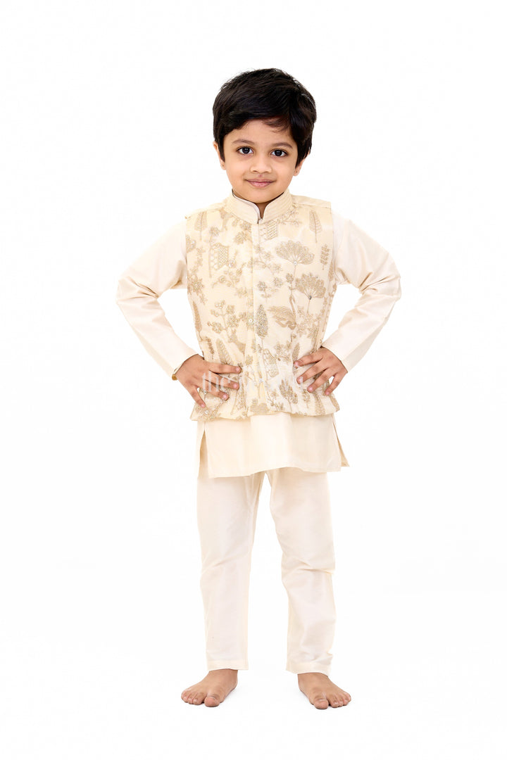 The Nesavu Boys Dothi Set Boys Cream Kurta Set with Embroidered Jacket and Straight Pants for Festive Wear Nesavu 16 (1Y) / Cream BES624A-16 Nesavu Boys Cream Kurta Set Embroidered Jacket Matching Pants Weddings