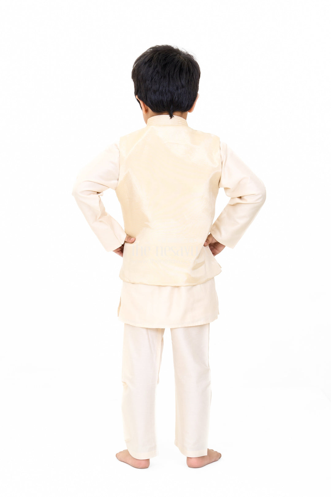 The Nesavu Boys Dothi Set Boys Cream Kurta Set with Embroidered Jacket and Straight Pants for Festive Wear Nesavu Nesavu Boys Cream Kurta Set Embroidered Jacket Matching Pants Weddings