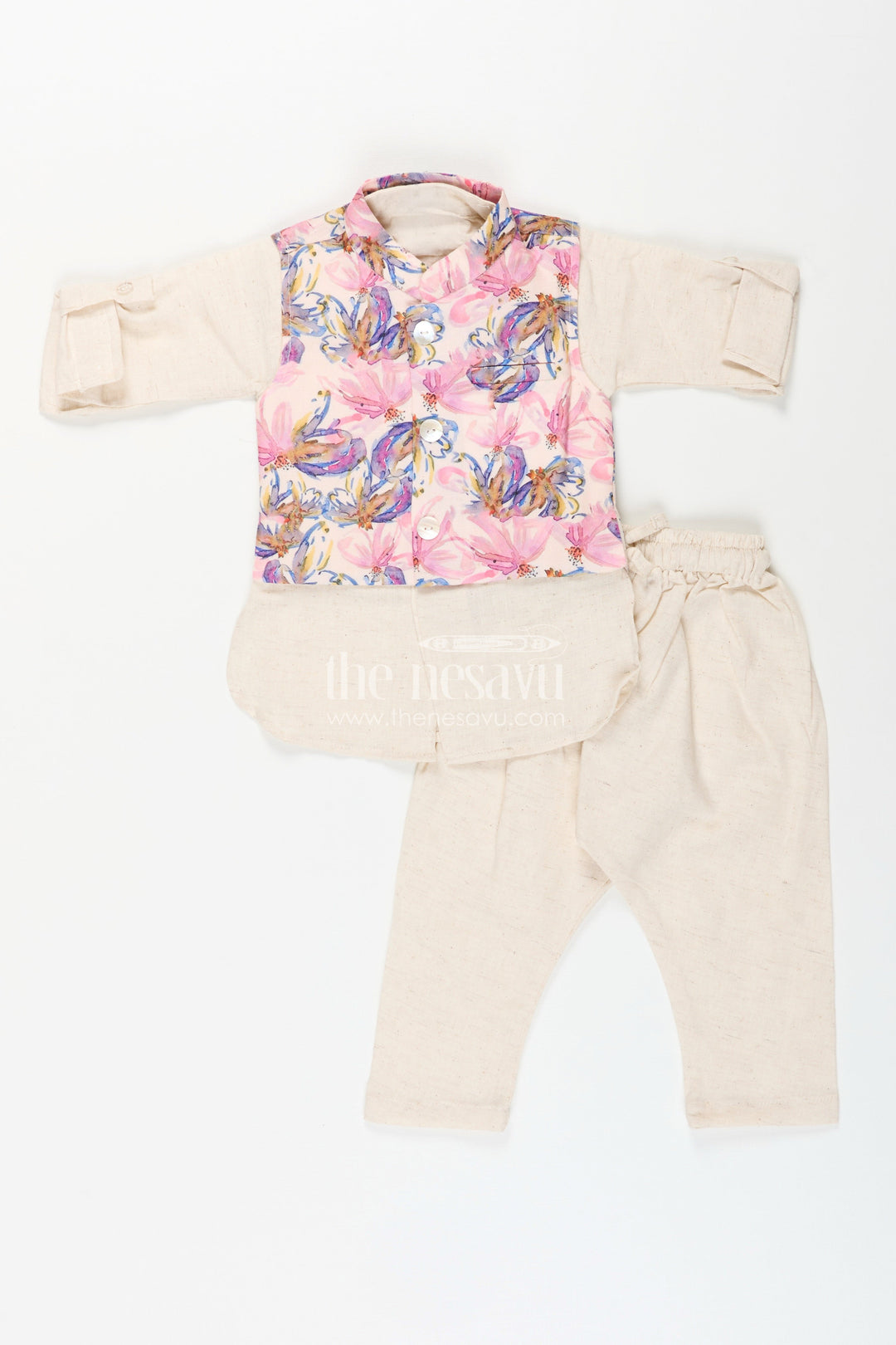 The Nesavu Boys Kurtha Set Boys cream kurta with floral digital print jacket and pants set Nesavu 12 (3M) / Half white BES876A-12 Nesavu boys cream kurta and pant set with pastel floral digital print jacket festive ethnic wear