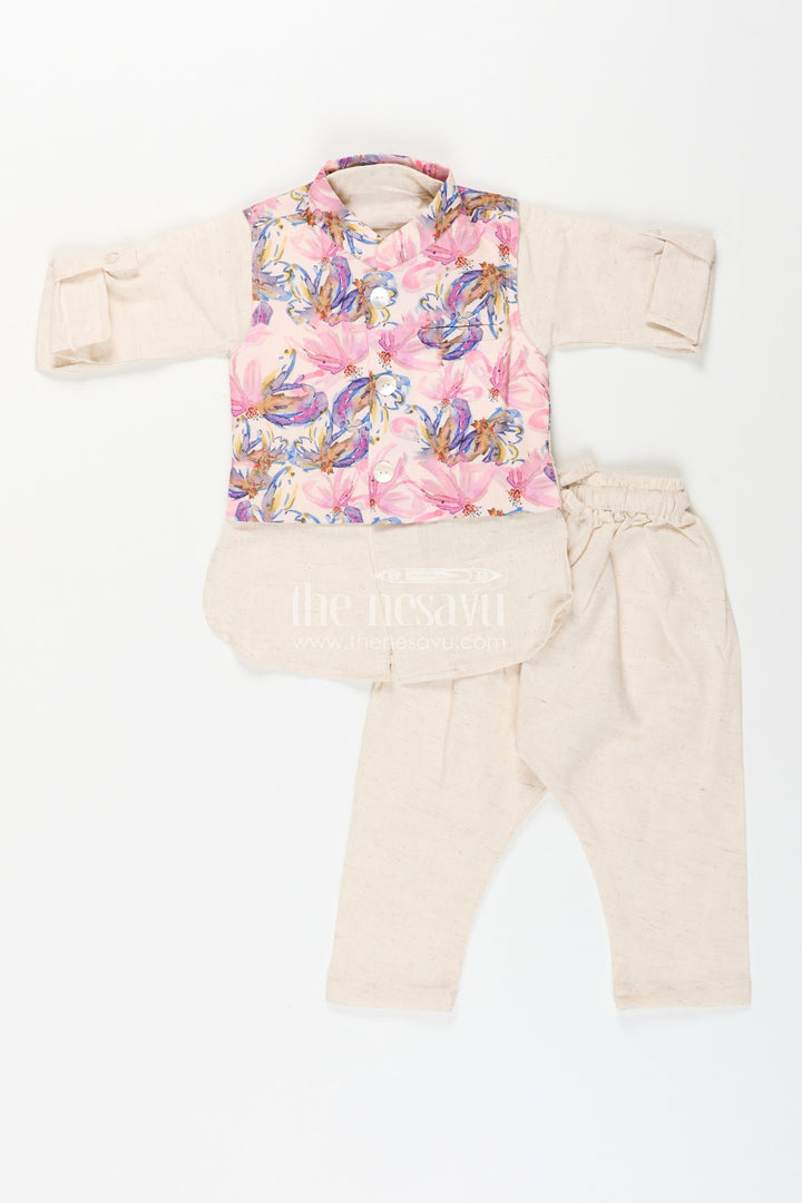 The Nesavu Boys Kurtha Set Boys cream kurta with floral digital print jacket and pants set Nesavu 12 (3M) / Half white BES876A-12 Nesavu boys cream kurta and pant set with pastel floral digital print jacket festive ethnic wear