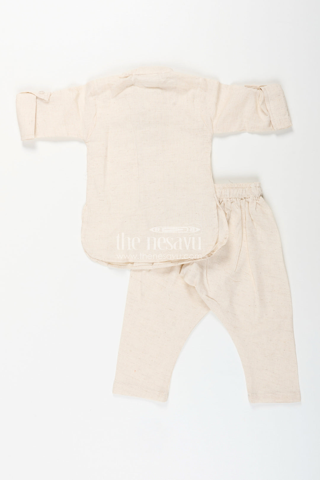 The Nesavu Boys Kurtha Set Boys cream kurta with floral digital print jacket and pants set Nesavu Nesavu boys cream kurta and pant set with pastel floral digital print jacket festive ethnic wear