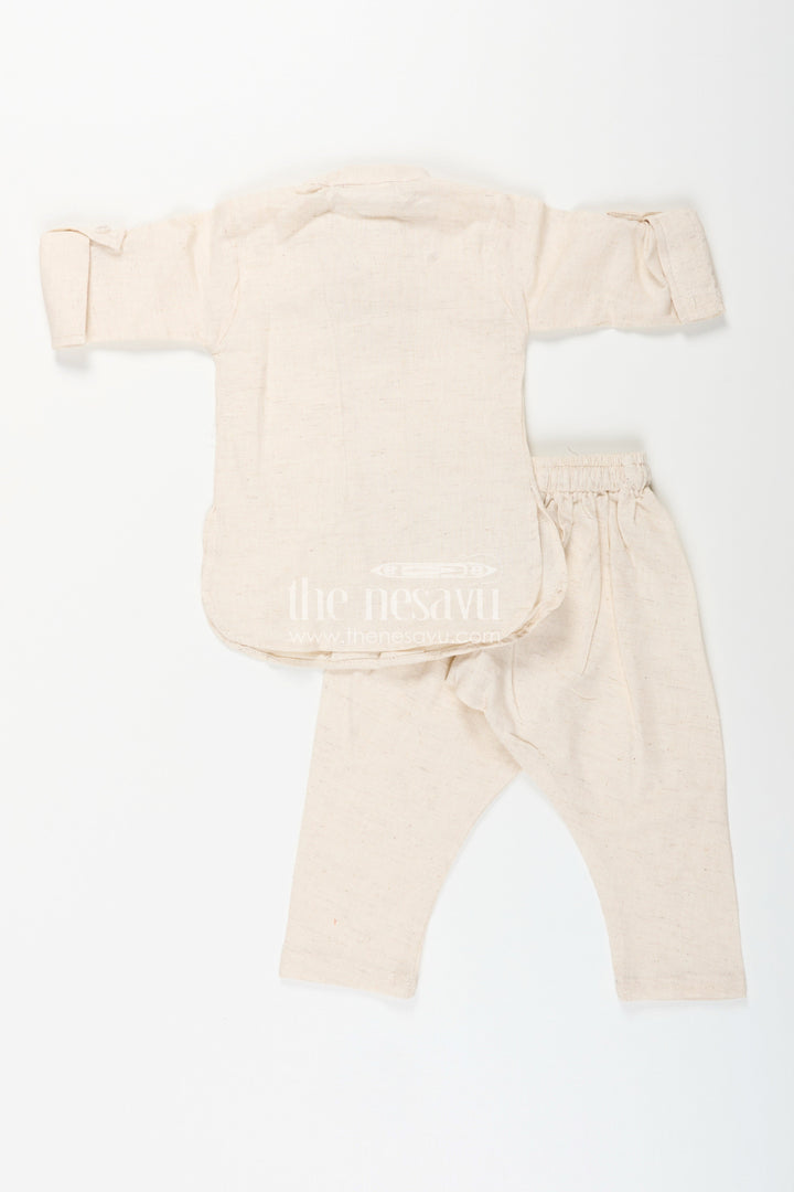 The Nesavu Boys Kurtha Set Boys cream kurta with floral digital print jacket and pants set Nesavu Nesavu boys cream kurta and pant set with pastel floral digital print jacket festive ethnic wear