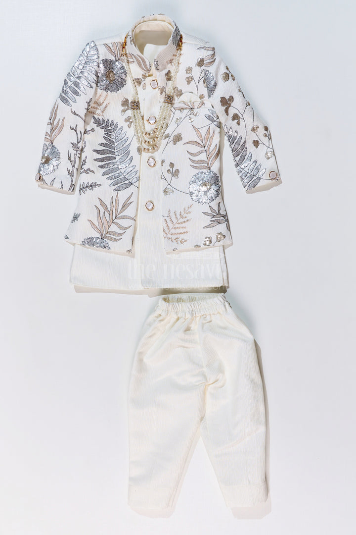 The Nesavu Boys Jacket Sets Boys Cream Kurta with Nehru Jacket in Silk Blend with Intricate Embroidery and Designer Brooch Nesavu Boys Cream Kurta Nehru Jacket Silk Blend Embroidery Designer Brooch | The Nesavu