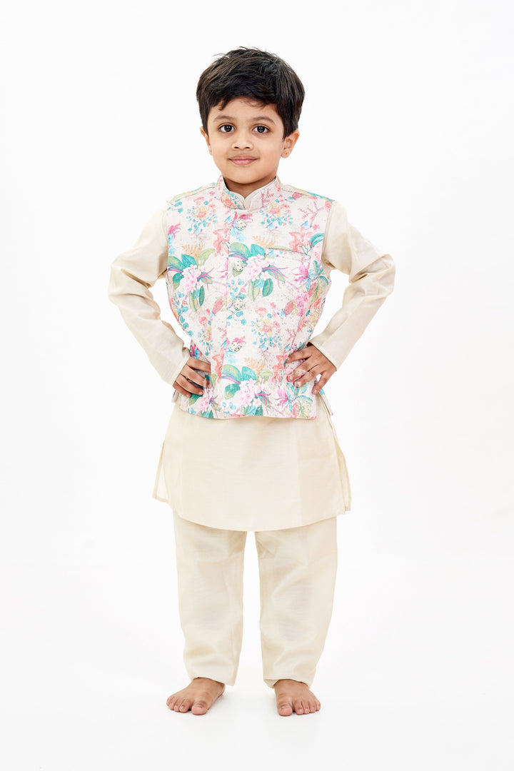 The Nesavu Boys Jacket Sets Boys Cream Kurtha with Floral Printed Jacket and Silk Blend Fabric for Festive Elegance Nesavu 16 (1Y) / Cream BES661A-16 Nesavu Boys Cream Kurtha Floral Printed Jacket Silk Blend Fabric Festive Wear
