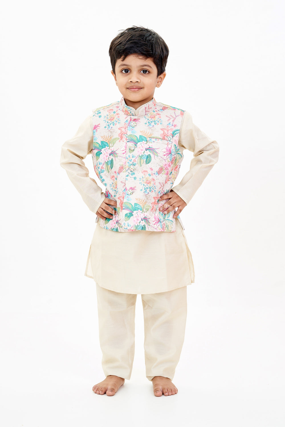 The Nesavu Boys Jacket Sets Boys Cream Kurtha with Floral Printed Jacket and Silk Blend Fabric for Festive Elegance Nesavu 16 (1Y) / Cream BES661A-16 Nesavu Boys Cream Kurtha Floral Printed Jacket Silk Blend Fabric Festive Wear
