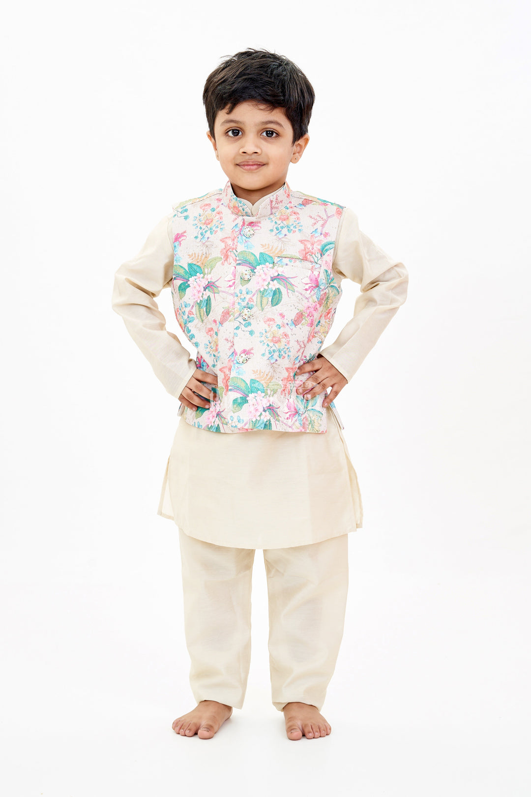 The Nesavu Boys Jacket Sets Boys Cream Kurtha with Floral Printed Jacket and Silk Blend Fabric for Festive Elegance Nesavu 16 (1Y) / Cream BES661A-16 Nesavu Boys Cream Kurtha Floral Printed Jacket Silk Blend Fabric Festive Wear