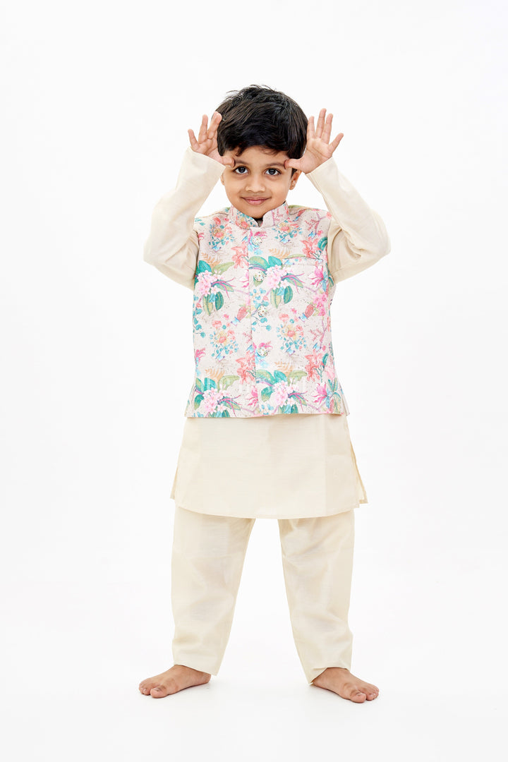 The Nesavu Boys Jacket Sets Boys Cream Kurtha with Floral Printed Jacket and Silk Blend Fabric for Festive Elegance Nesavu Nesavu Boys Cream Kurtha Floral Printed Jacket Silk Blend Fabric Festive Wear