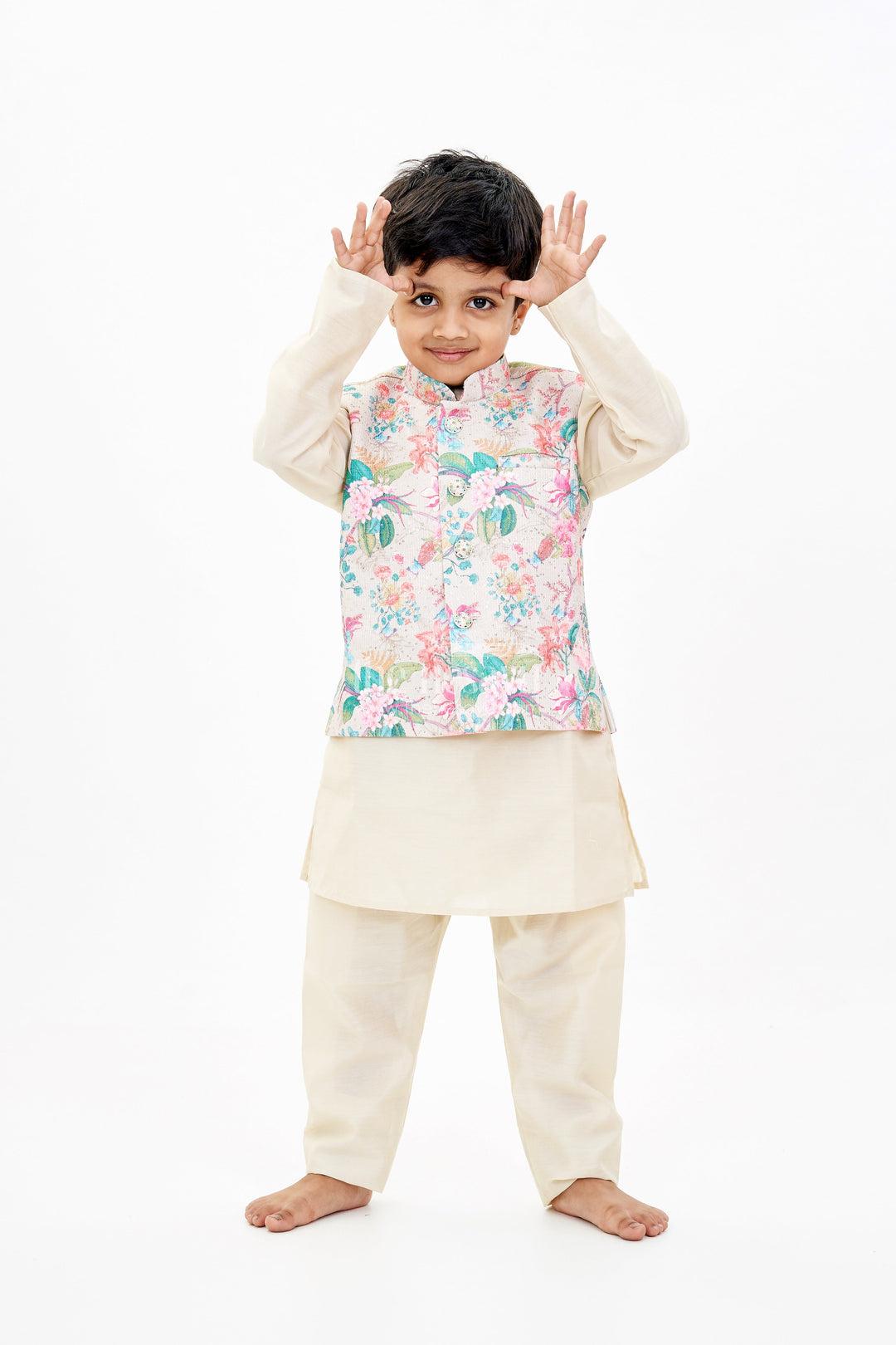 The Nesavu Boys Jacket Sets Boys Cream Kurtha with Floral Printed Jacket and Silk Blend Fabric for Festive Elegance Nesavu Nesavu Boys Cream Kurtha Floral Printed Jacket Silk Blend Fabric Festive Wear