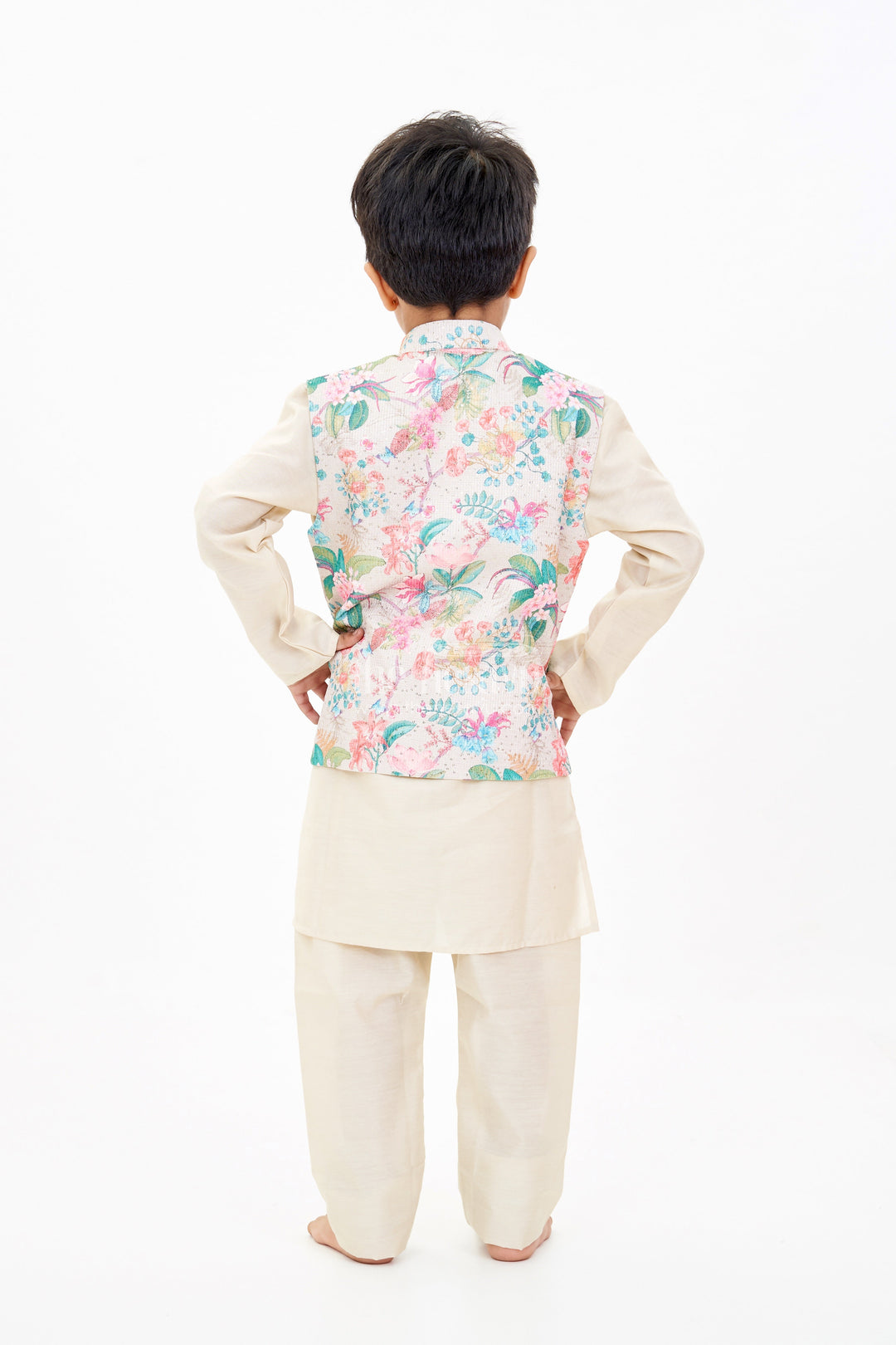 The Nesavu Boys Jacket Sets Boys Cream Kurtha with Floral Printed Jacket and Silk Blend Fabric for Festive Elegance Nesavu Nesavu Boys Cream Kurtha Floral Printed Jacket Silk Blend Fabric Festive Wear