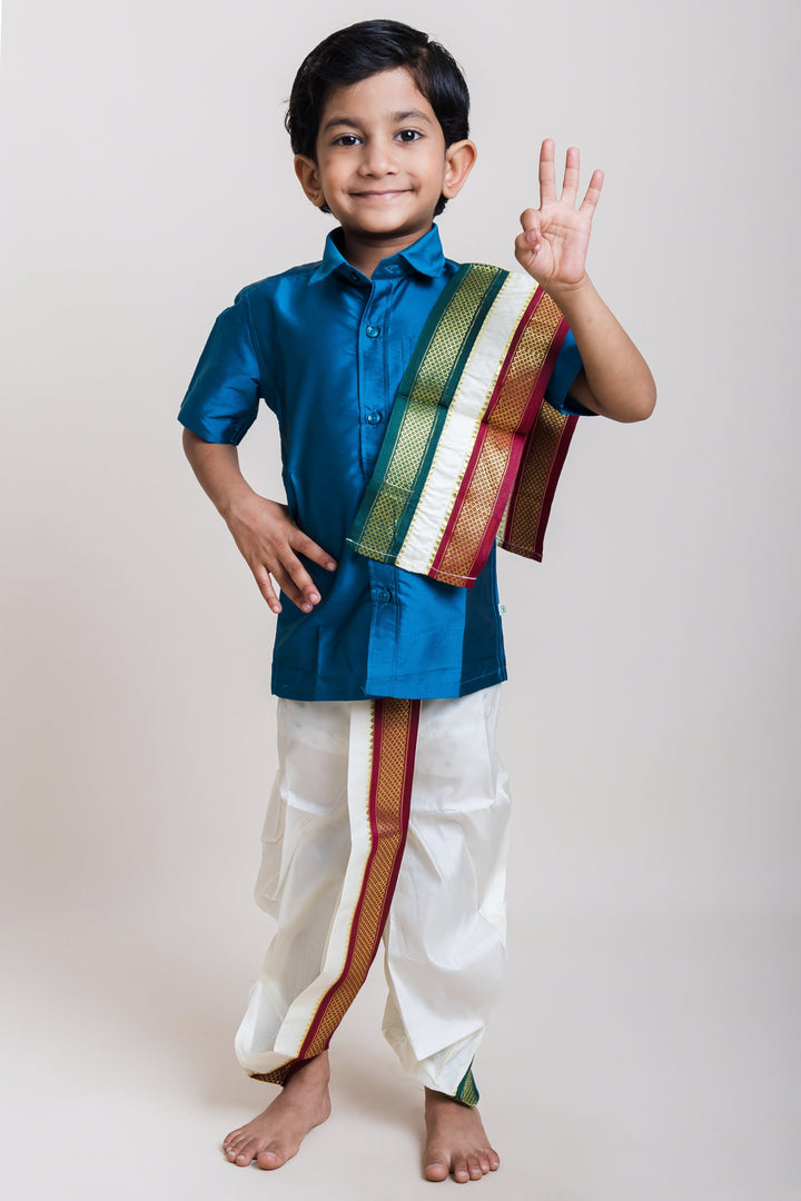 The Nesavu Boys Vesti Boys Cream White Zari Border Panchakacham Ready Made Dhoti with Angavastram - Velcro Strap Nesavu 16 (1Y) / White D001-16 Boys Cream White Panchakacham Dhoti | Traditional Dhoti for Boys | The Nesavu