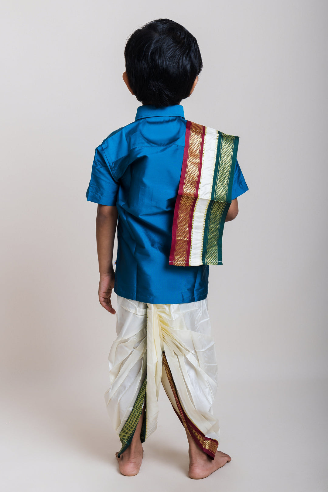 The Nesavu Boys Vesti Boys Cream White Zari Border Panchakacham Ready Made Dhoti with Angavastram - Velcro Strap Nesavu Boys Cream White Panchakacham Dhoti | Traditional Dhoti for Boys | The Nesavu