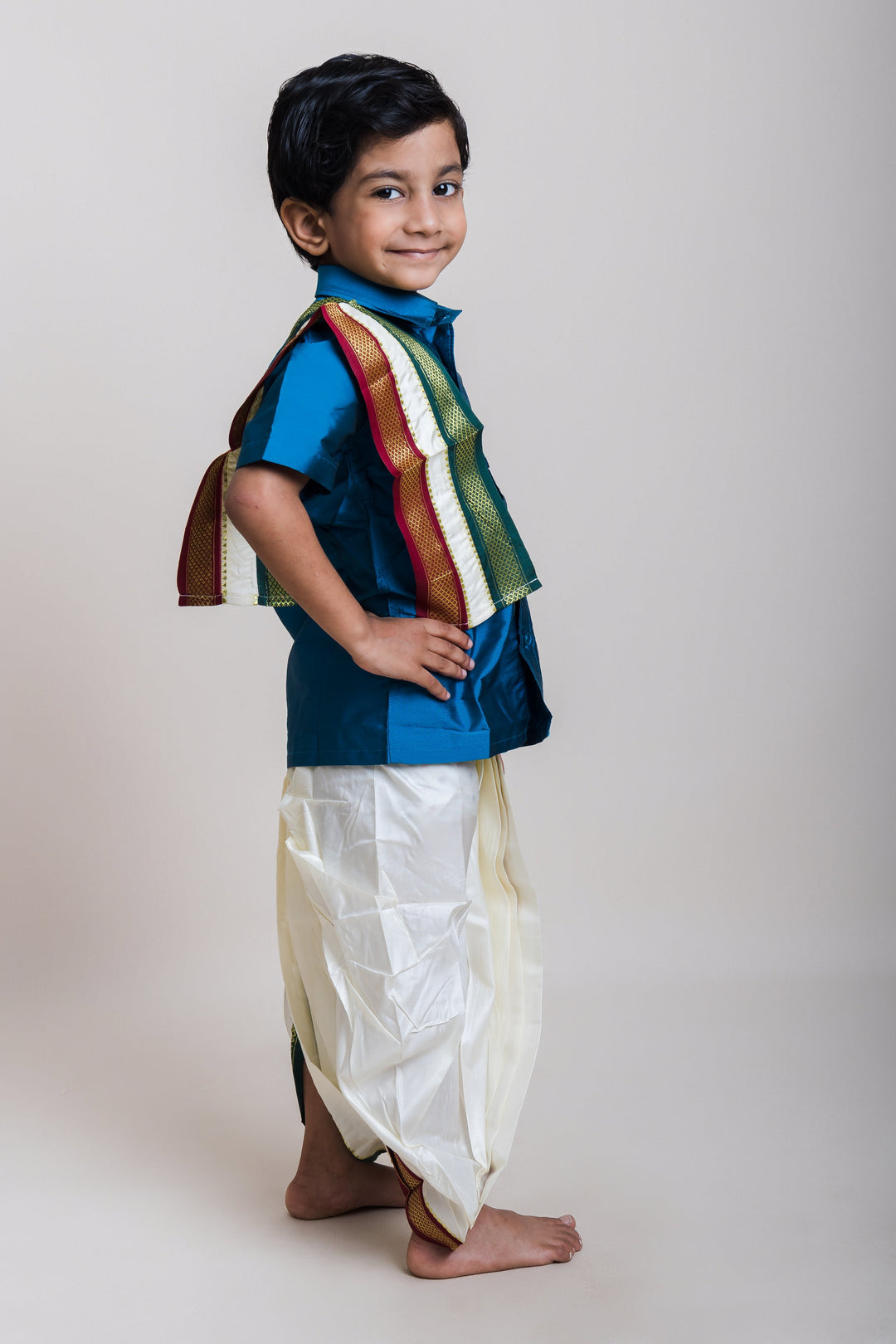 The Nesavu Boys Vesti Boys Cream White Zari Border Panchakacham Ready Made Dhoti with Angavastram - Velcro Strap Nesavu Boys Cream White Panchakacham Dhoti | Traditional Dhoti for Boys | The Nesavu