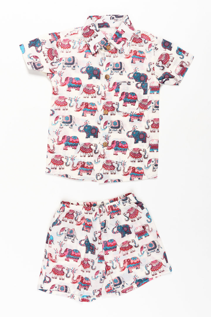 The Nesavu Boys Casual Set Boys Cute Casual Clothes with Pink and Blue Elephant Motifs for Playful Comfort and Style Nesavu 16 (1Y) / Multicolor BCS273A-16 Nesavu Boys Cute Casual Clothes Pink Blue Elephant Print Shirt Shorts Cotton