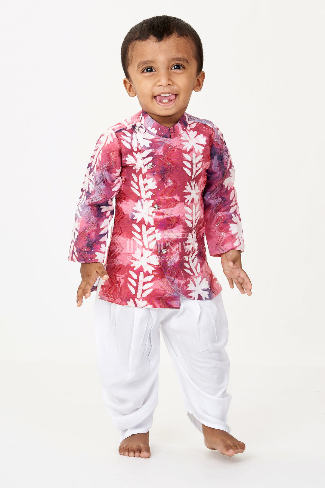 The Nesavu Boys Dothi Set Boys Designer Ethnic Wear in Maroon Batik Print Chanderi Cotton with Sequin Embroidery and White Dhoti Nesavu 10 (NB) / Pink BES686A-10 Nesavu Boys Designer Ethnic Wear Set Maroon Batik Chanderi Cotton Embroidery Dhoti