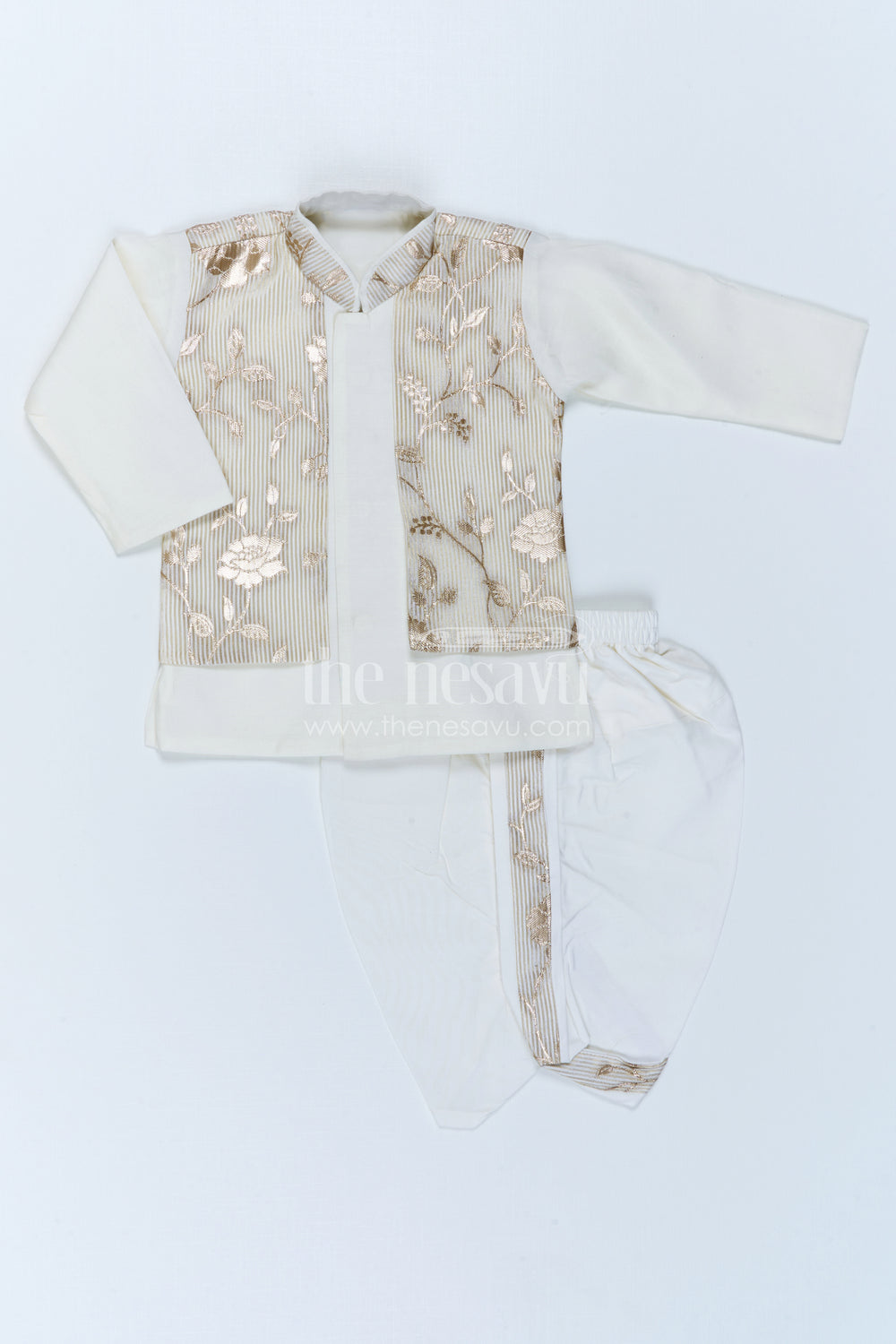 The Nesavu Boys Jacket Sets Boys Designer Jacket Set for Festive Wedding Celebrations Nesavu 10 (NB) / Half white / Viscose Silk BES1023A-10 Nesavu Boys Designer Jacket Set With Floral Ethnic Detailing For Festive Wedding Celebrations