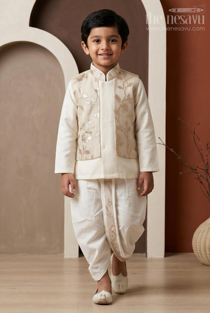The Nesavu Boys Jacket Sets Boys Designer Jacket Set for Festive Wedding Celebrations Nesavu 10 (NB) / Half white / Viscose Silk BES1023A-10 Nesavu Boys Designer Jacket Set With Floral Ethnic Detailing For Festive Wedding Celebrations